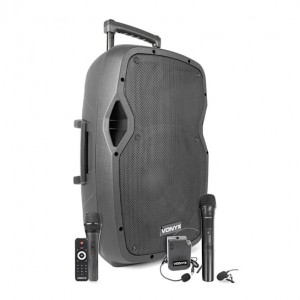 Coluna Amp. Portátil 12" 600W MP3/USB/SD/BLUETOOTH c/ 3x Microfones UHF (AP1200PA) - VONYX