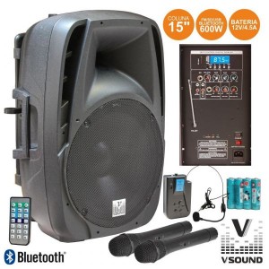 Vsound Coluna 15" 600W USB/BT/SD/FM/BAT VHF - VSSE15AWF