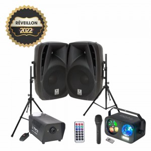 PACK COLUNAS ATIVA+PASSIVA/MÁQUINA FUMOS/PROJETOR LED RGBW