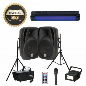 PACK COLUNAS ATIVA+PASSIVA/MÁQUINA FUMOS/STROBE/LUZ UV