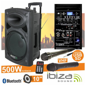 Coluna Amplificada 10" 500W USB/BT/SD/Bat Vhf Preta IBIZA