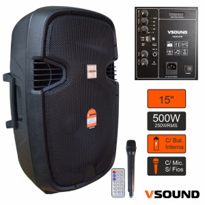 COLUNA AMPLIFICADA 15" USB/BT/SD/FM/BAT MIC S/ FIOS VSOUND