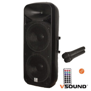 COLUNA AMPLIFICADA 2X15" USB/FM/BT/SD/BAT MIC VSOUND