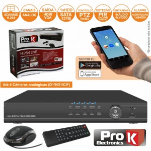 VÍDEO-GRAVADOR DIGITAL 4 CANAIS QUAD H264 ETHERNET PROK (DVR04EK)