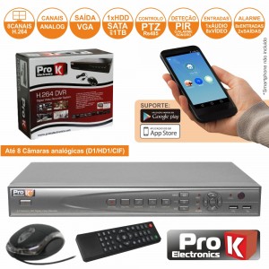 VÍDEO-GRAVADOR DIGITAL 8 CANAIS QUAD H264 ETHERNET PROK (DVR08AK)