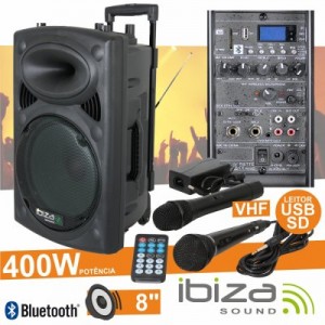 Coluna Amplif. 8" 400w Usb/Bt/Sd/Bat Vhf PORT8VHF-BT Ibiza